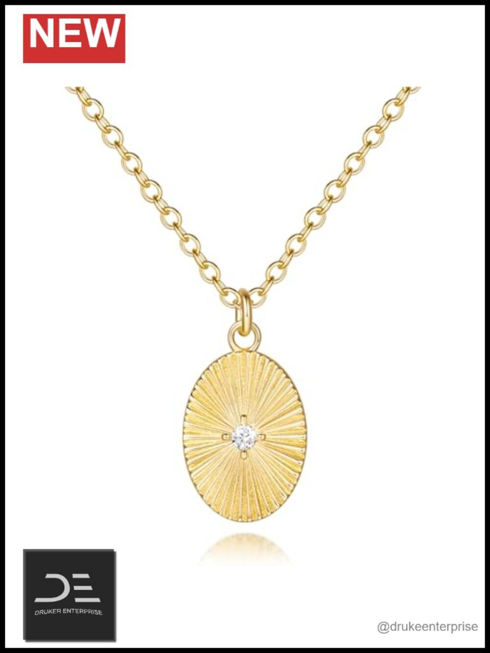 14K Gold Plated Oval Pendant Necklace for Women with Cubic Zirconia